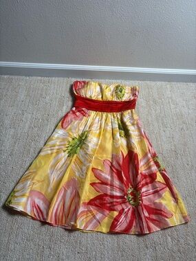 BCBG Y2K Strapless Yellow Floral Sundress with Red Waistband